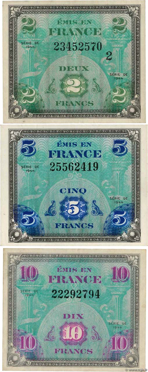 2, 5 et 10 Francs DRAPEAU FRANCE 1944 VF.LOT TTB+