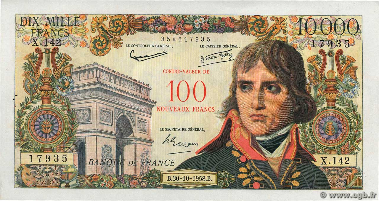 100 NF sur 10000 Francs BONAPARTE FRANCE 1958 F.55.01 SUP+