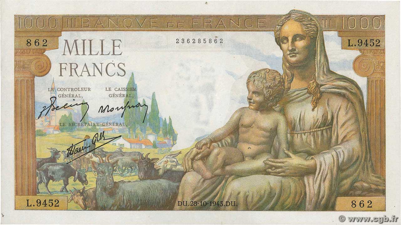 1000 Francs DÉESSE DÉMÉTER FRANCE  1943 F.40.38 SUP+
