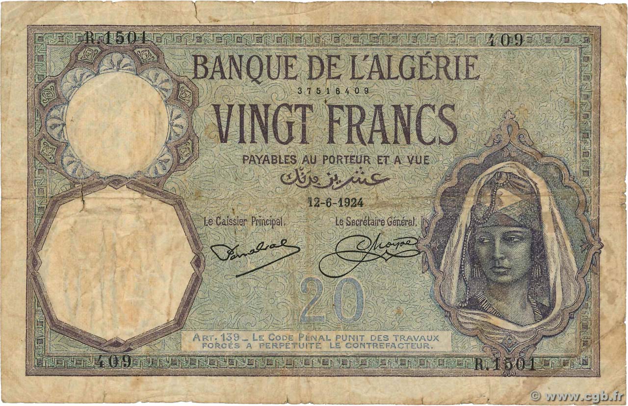20 Francs ALGERIA  1924 P.078b F-