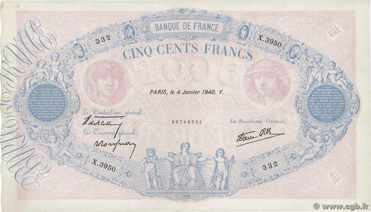 500 Francs BLEU ET ROSE modifié FRANCE 1940 F.31.55 SUP