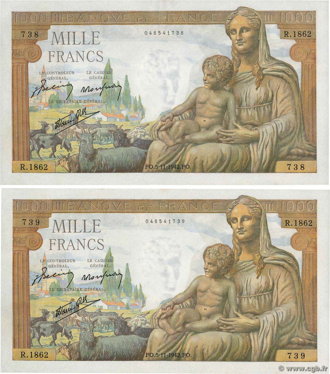 1000 Francs DÉESSE DÉMÉTER Consécutifs FRANCIA  1942 F.40.10 q.FDC