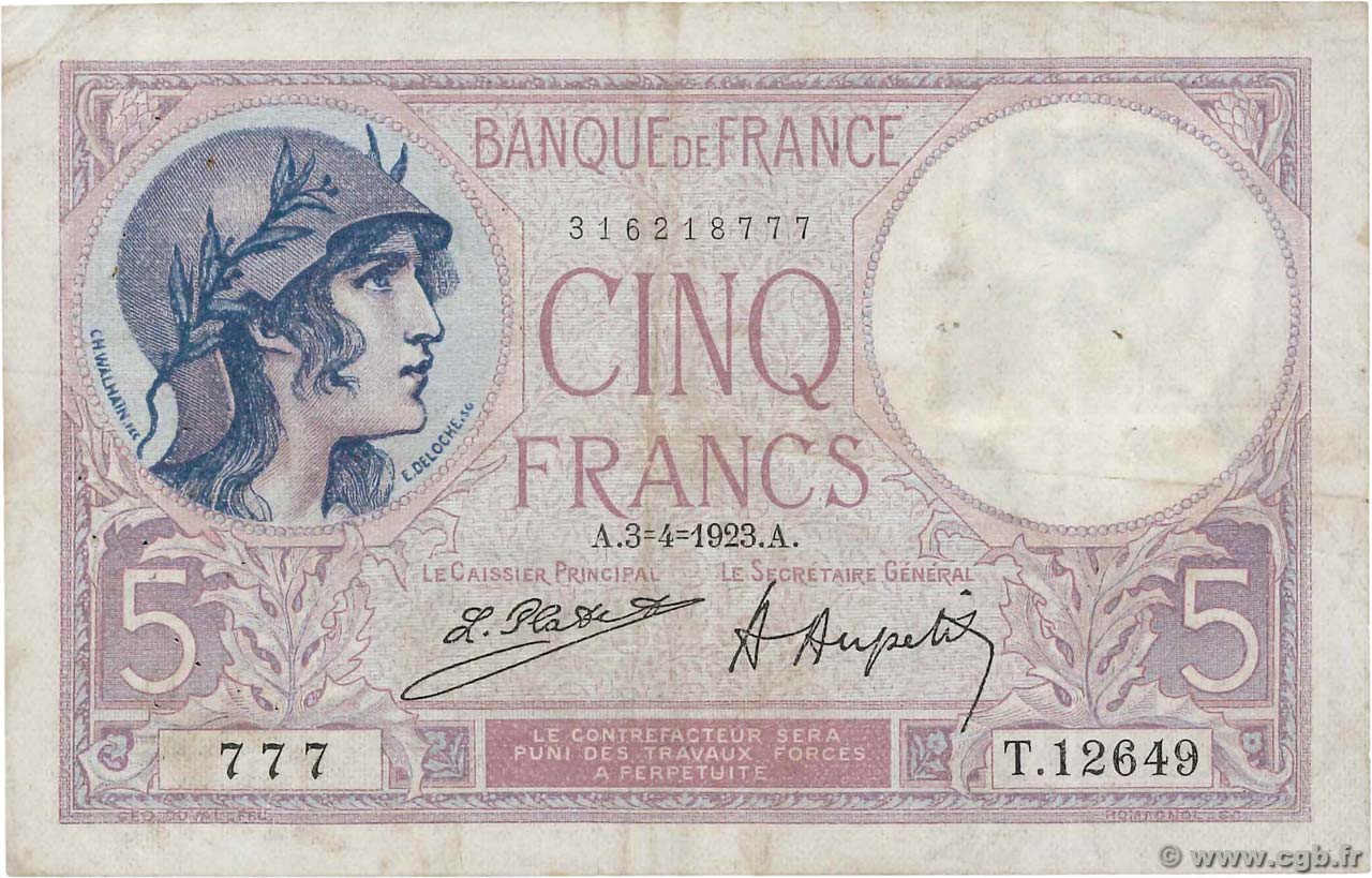5 Francs FEMME CASQUÉE Numéro spécial FRANCE 1923 F.03.07 TB