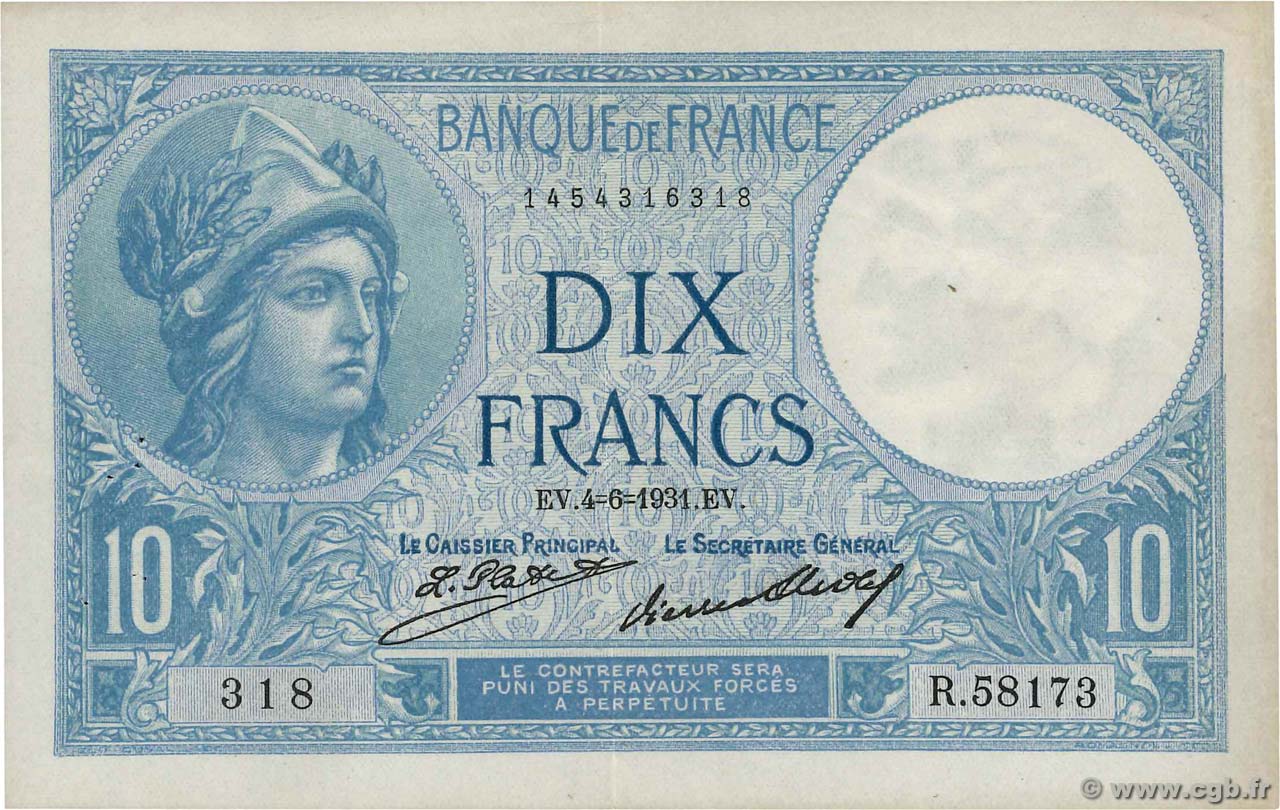 10 Francs MINERVE FRANCE 1931 F.06.15 TTB+