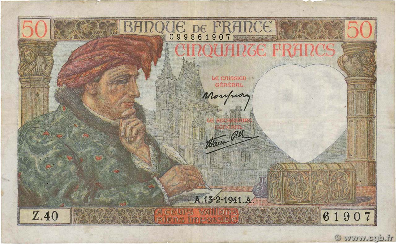 50 Francs JACQUES CŒUR FRANCE  1941 F.19.06 TB