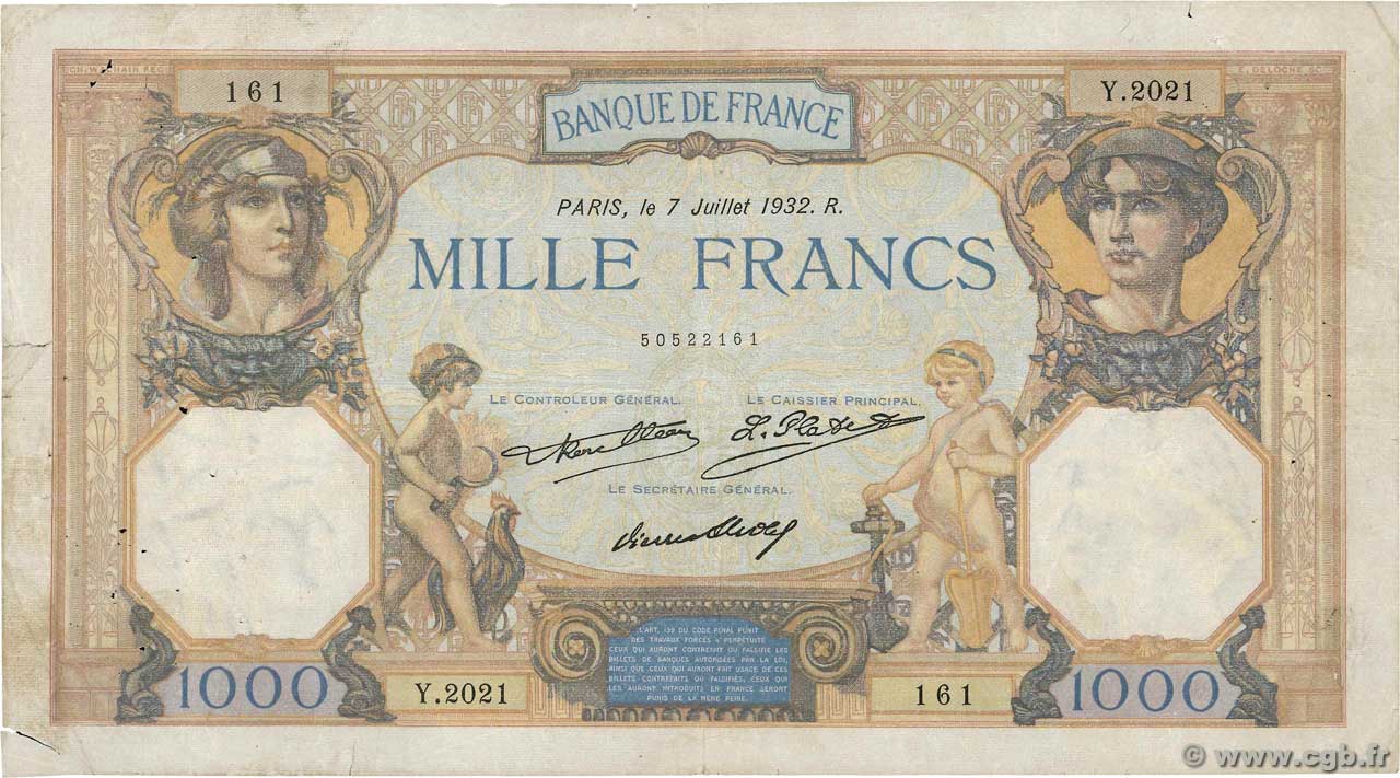 1000 Francs CÉRÈS ET MERCURE FRANCE  1932 F.37.07 B+