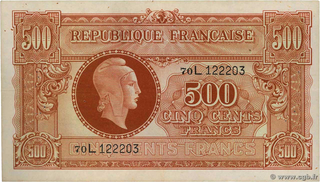 500 Francs MARIANNE fabrication anglaise FRANCE 1945 VF.11.01 TTB