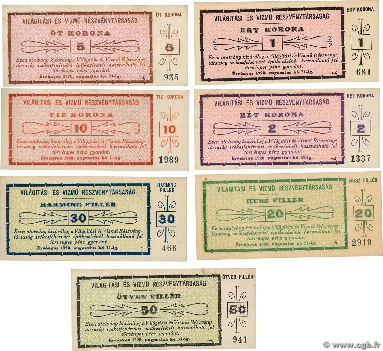 20, 30 et 50 Filler, 1, 2, 5 et 10 Korona Lot HUNGARY  1920 P.- AU