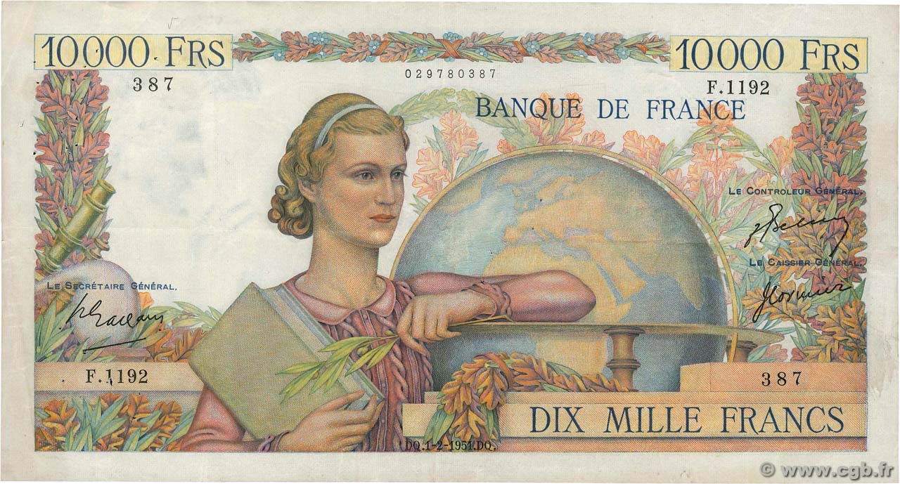 10000 Francs GÉNIE FRANÇAIS FRANCE 1951 F.50.47 TB+