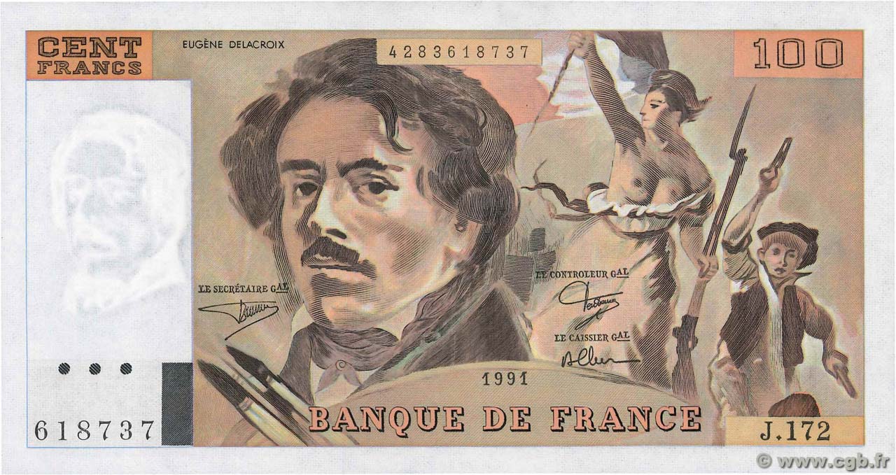 100 Francs DELACROIX imprimé en continu FRANCIA  1991 F.69bis.03a4 FDC