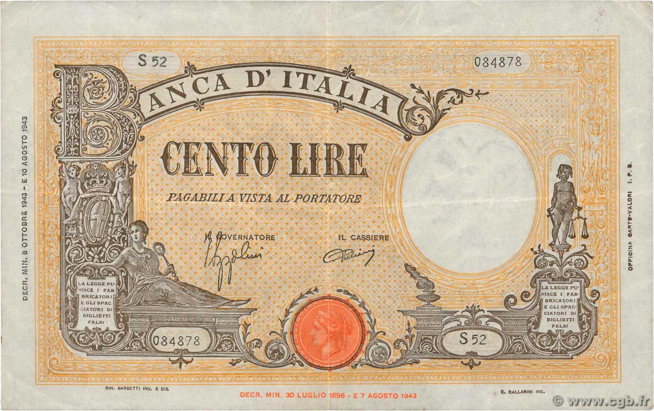 100 Lire ITALY  1943 P.067a VF