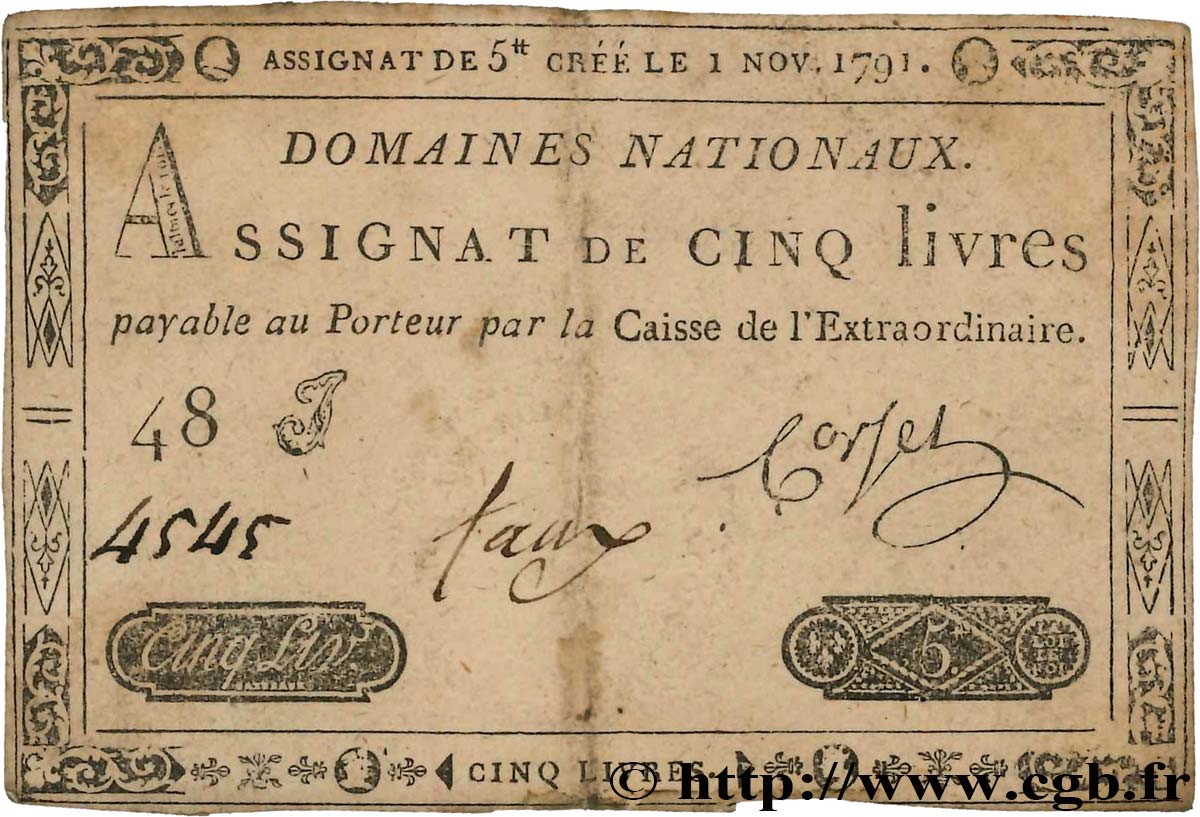 5 Livres Faux FRANCE 1791 Ass.20x TB