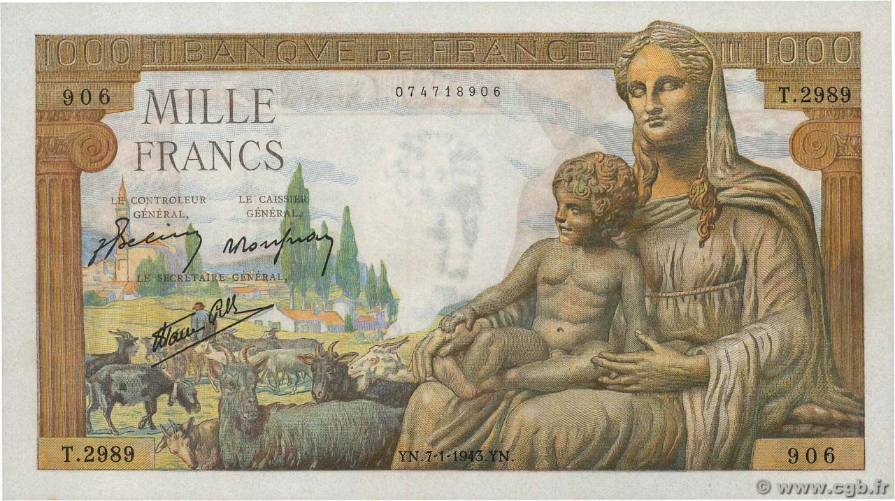 1000 Francs DÉESSE DÉMÉTER FRANCE 1943 F.40.15 NEUF