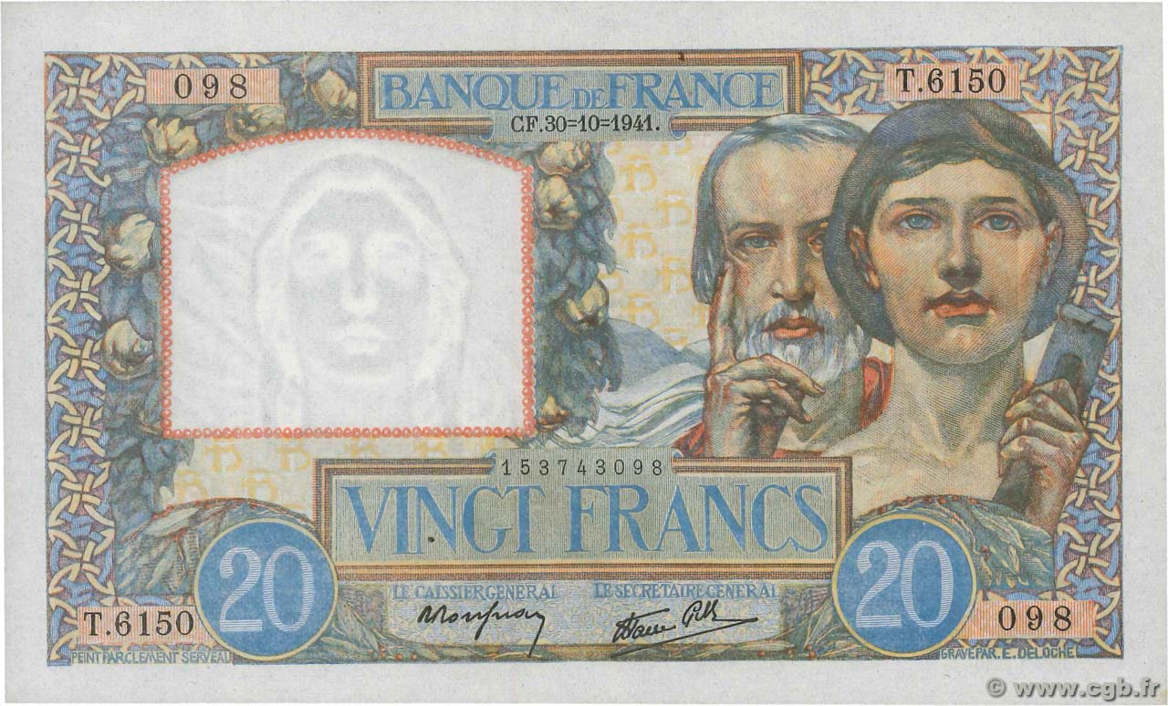 20 Francs TRAVAIL ET SCIENCE FRANCE 1941 F.12.19 pr.NEUF