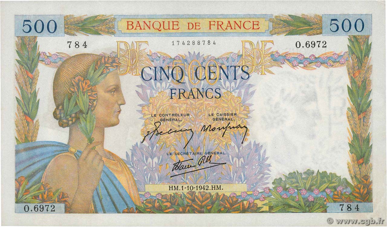 500 Francs LA PAIX FRANCE 1942 F.32.41 NEUF