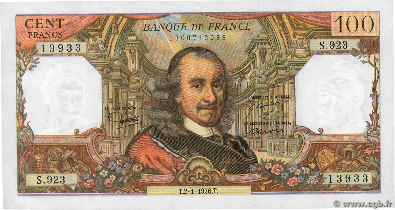 100 Francs CORNEILLE FRANCE  1976 F.65.51 UNC-