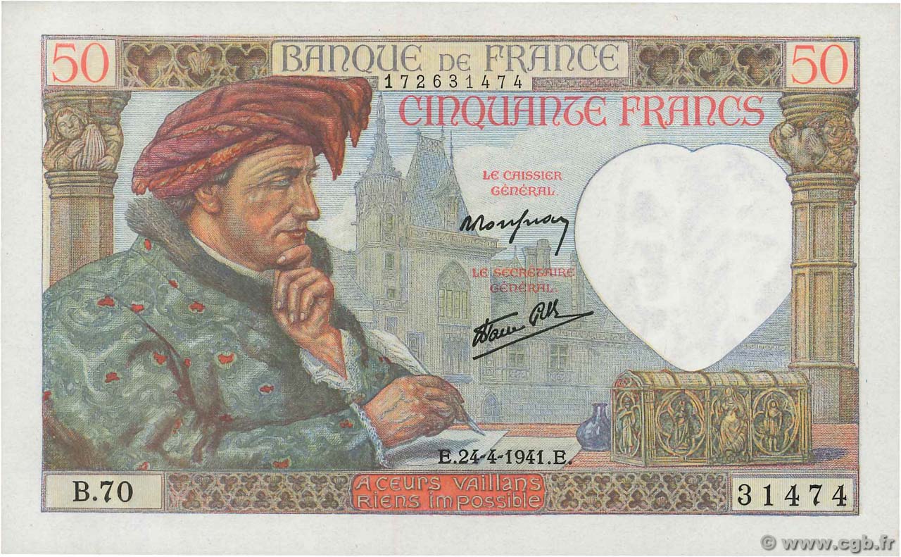 50 Francs JACQUES CŒUR FRANCE 1941 F.19.09 NEUF