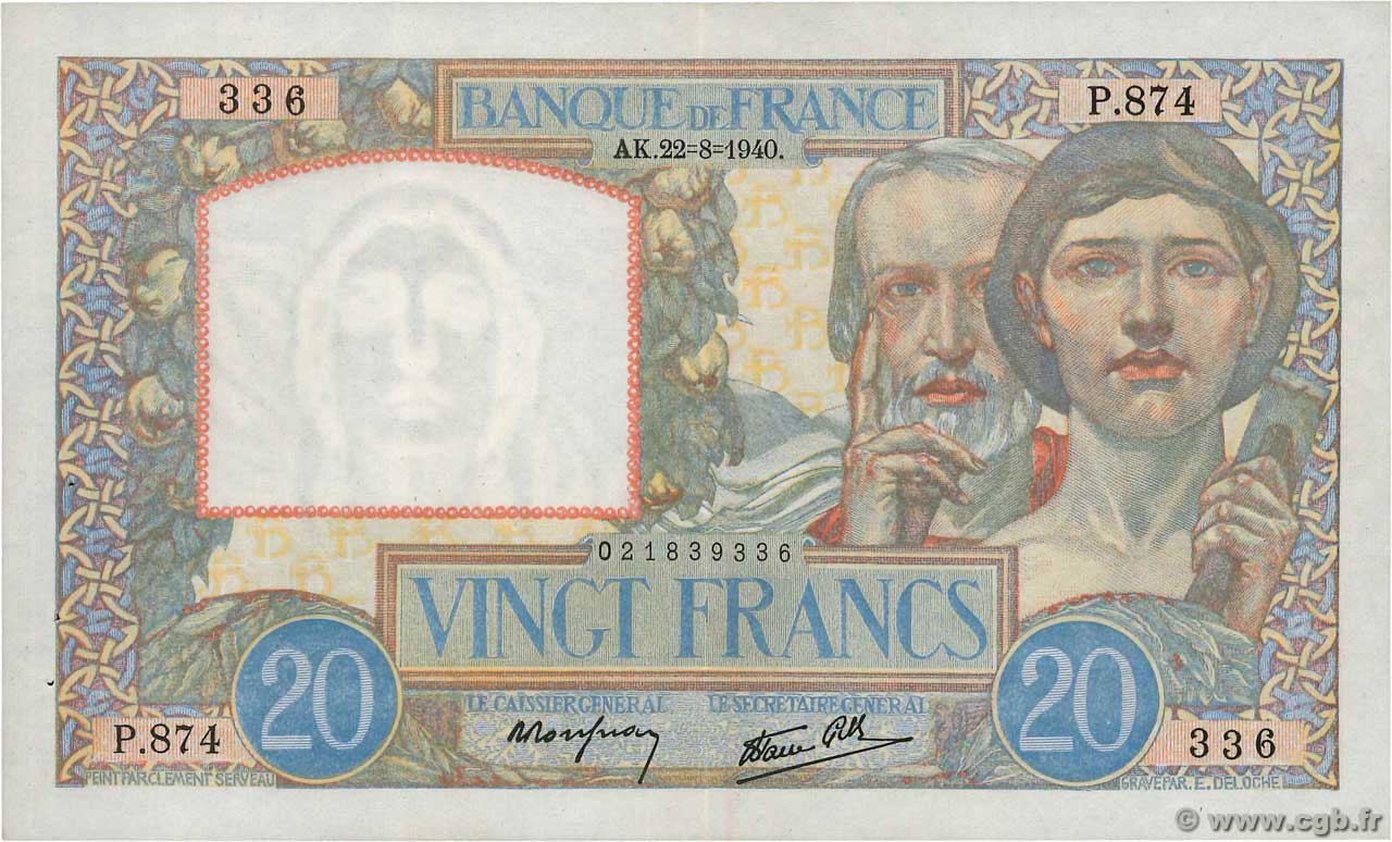20 Francs TRAVAIL ET SCIENCE FRANCE  1940 F.12.06 pr.SUP