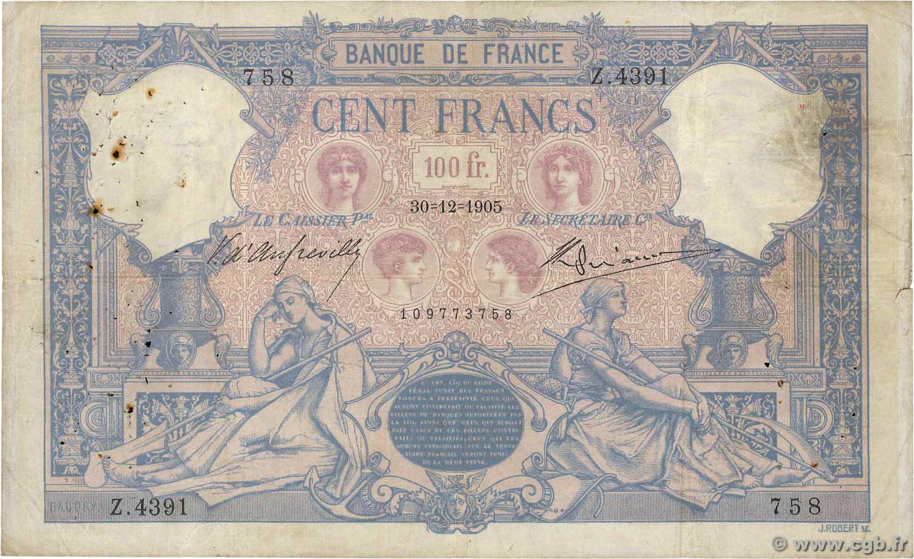 100 Francs BLEU ET ROSE FRANCE 1905 F.21.19 TB