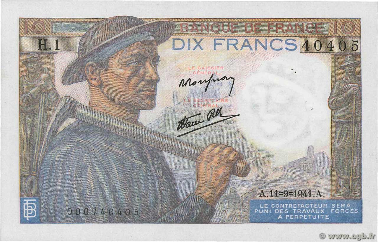 10 Francs MINEUR FRANCIA 1941 F.08.01 AU