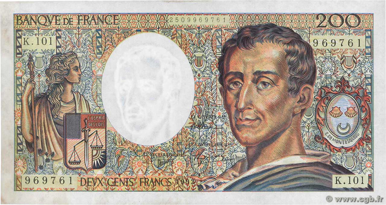 200 Francs MONTESQUIEU alphabet 101 FRANCE 1992 F.70bis.01 SUP