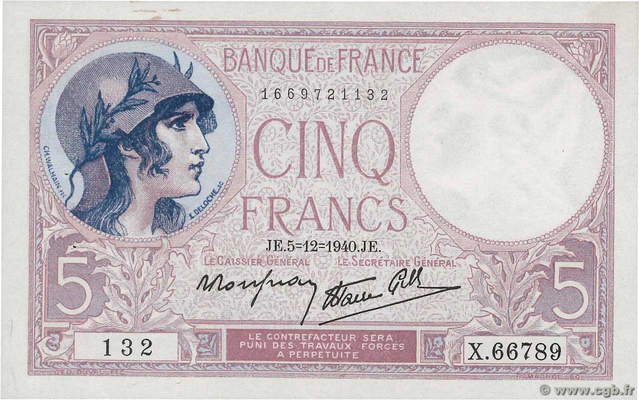 5 Francs FEMME CASQUÉE modifié FRANCE  1940 F.04.16 XF+
