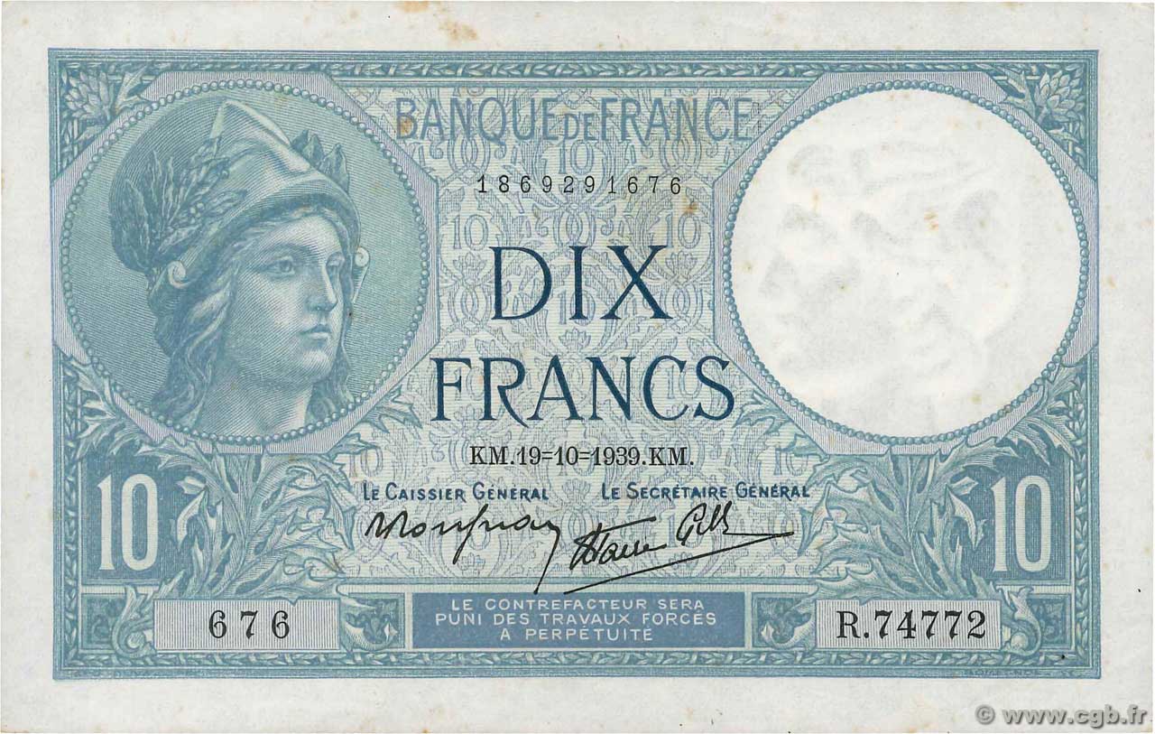 10 Francs MINERVE modifié FRANCE  1939 F.07.12 SUP+