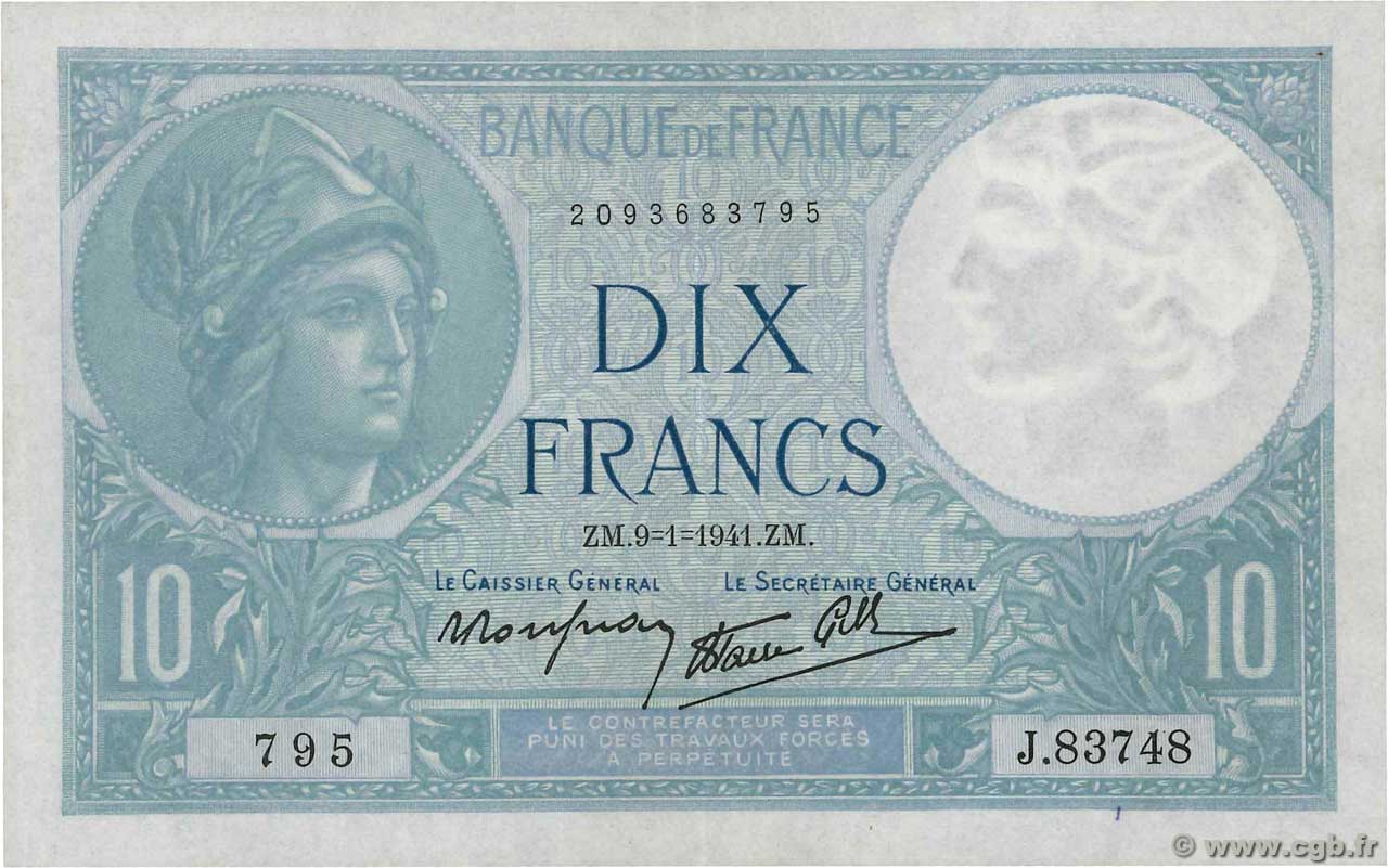 10 Francs MINERVE modifié FRANCE  1941 F.07.27 SUP+
