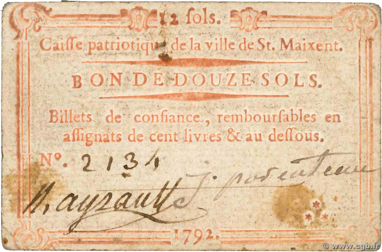 12 Sols FRANCE regionalism and miscellaneous Saint-Maixent 1792 Kc.79.070 VF