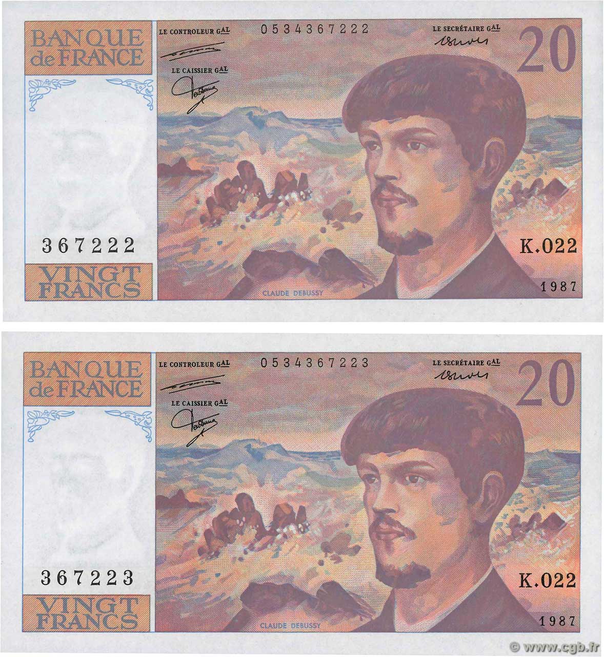 20 Francs DEBUSSY Consécutifs FRANCE  1987 F.66.08 NEUF