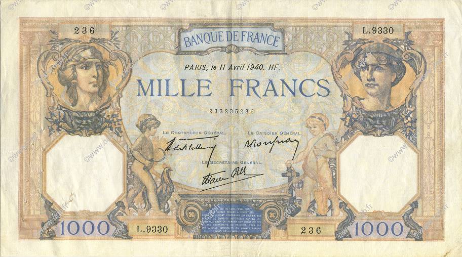 1000 Francs CÉRÈS ET MERCURE type modifié FRANCE  1940 F.38.45 TTB+
