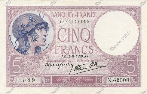 5 Francs FEMME CASQUÉE modifié FRANCE  1939 F.04.08 SUP à SPL