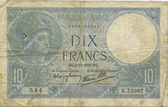 10 Francs MINERVE modifié FRANCE  1939 F.07.14 B