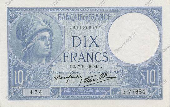 10 Francs MINERVE modifié FRANCE  1940 F.07.17 pr.SPL