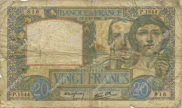 20 Francs TRAVAIL ET SCIENCE FRANCE  1940 F.12.10 B
