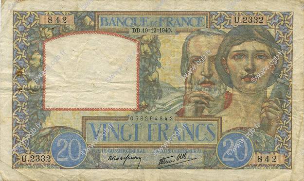 20 Francs TRAVAIL ET SCIENCE FRANCE  1940 F.12.11 TB+