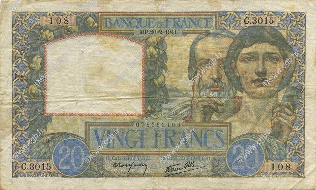 20 Francs TRAVAIL ET SCIENCE FRANCE  1941 F.12.12 pr.TTB