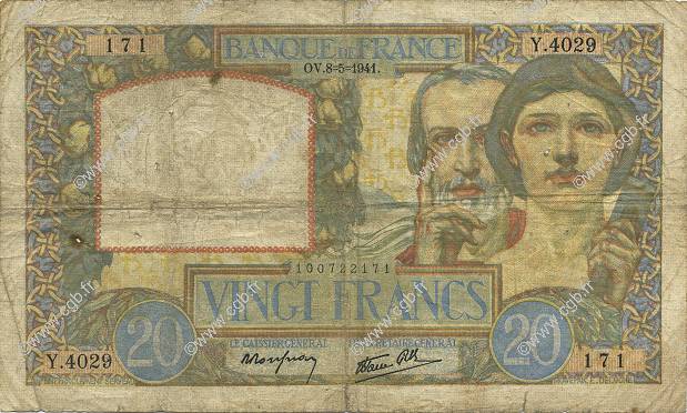 20 Francs TRAVAIL ET SCIENCE FRANCE  1941 F.12.14 B+