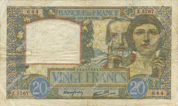 20 Francs TRAVAIL ET SCIENCE FRANCE  1941 F.12.18 TTB