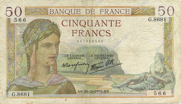 50 Francs CÉRÈS modifié FRANCE  1938 F.18.16 TB