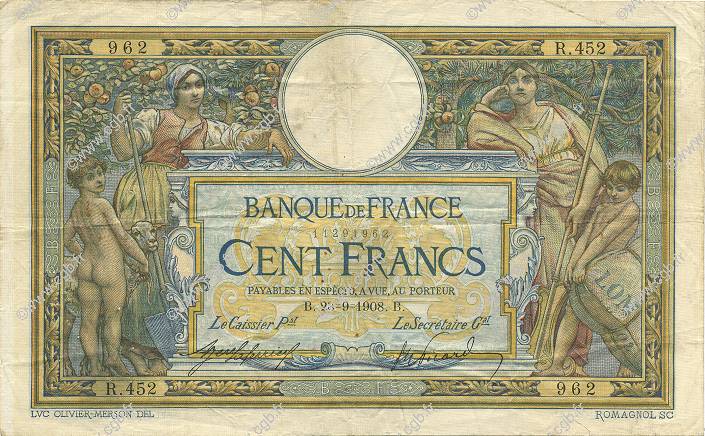 100 Francs LUC OLIVIER MERSON avec LOM FRANCE  1908 F.22.01 TTB