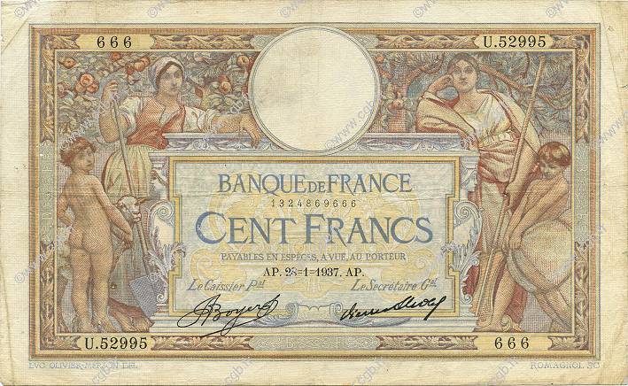 100 Francs LUC OLIVIER MERSON grands cartouches FRANCE  1937 F.24.16 TB+