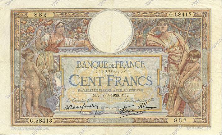 100 Francs LUC OLIVIER MERSON type modifié FRANCE  1938 F.25.13 TTB+