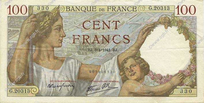 100 Francs SULLY FRANCE  1941 F.26.49 pr.SUP