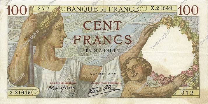 100 Francs SULLY FRANCE  1941 F.26.52 TTB+