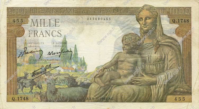 1000 Francs DÉESSE DÉMÉTER FRANCE  1942 F.40.10 TTB