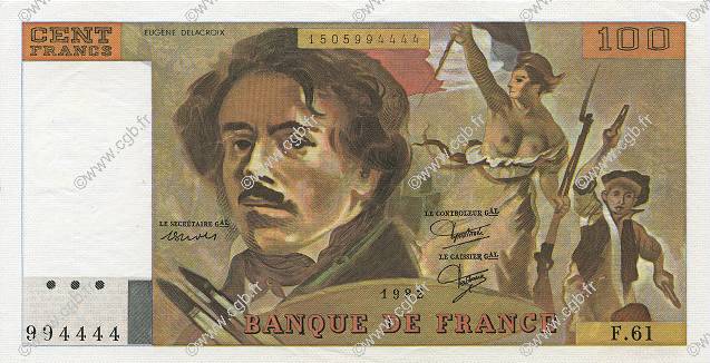 100 Francs DELACROIX modifié Numéro spécial FRANCE  1982 F.69.06 pr.SPL