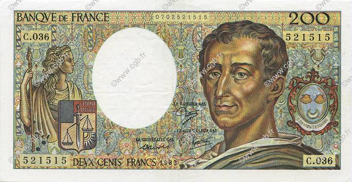 200 Francs MONTESQUIEU FRANCE  1985 F.70.05 SUP+