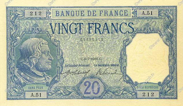 20 Francs BAYARD FRANCE  1916 F.11.01 SPL