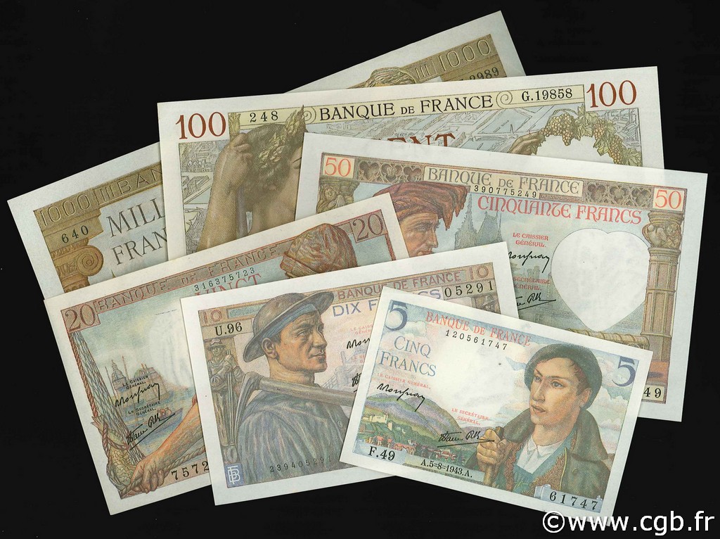Lot 6 billets BdF : Les anciens Francs, billets NEUFS FRANCE  1940 F.05-08-13-19-26-40 pr.NEUF